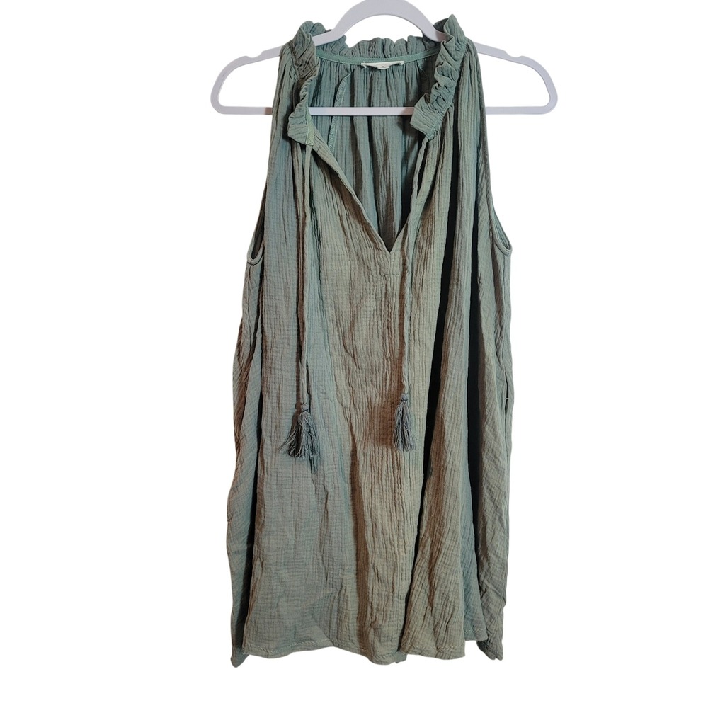 Newbury‎ Kustom Sage Green Crinkle Gauze Tassel Tunic Top Womens Small Boho